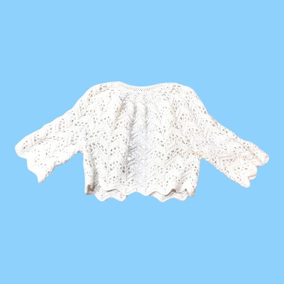 Handmade Crochet Sweater Boho Grandma Core White Lace Zig-Zag 3/4 Sleeve Vintage - Picture 2 of 4